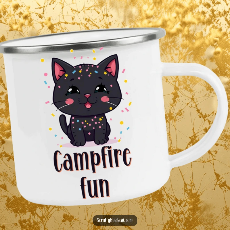 Funny camping mug with a black cat covered in confetti, grinning at a campfire.