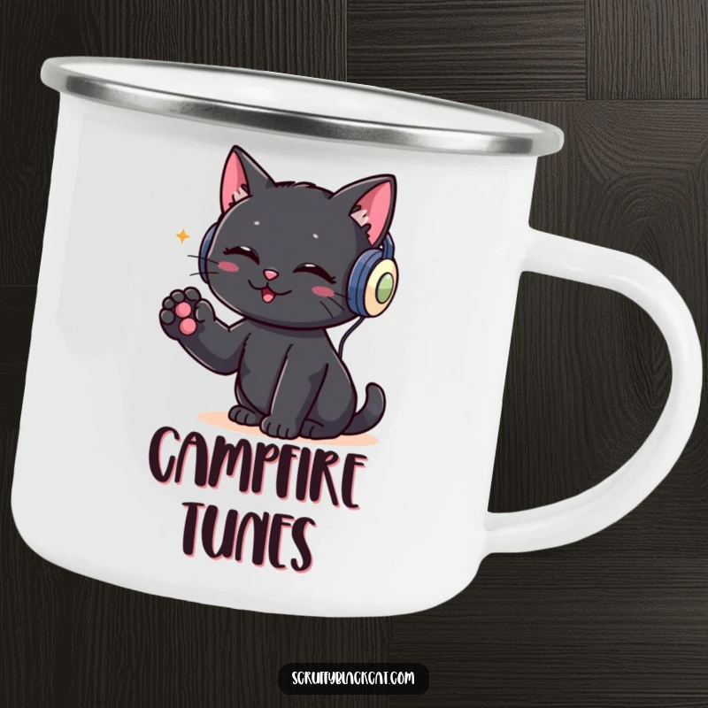 Funny camping mug featuring a black cat wearing headphones and tapping its paw, ready to DJ during outdoor adventures.