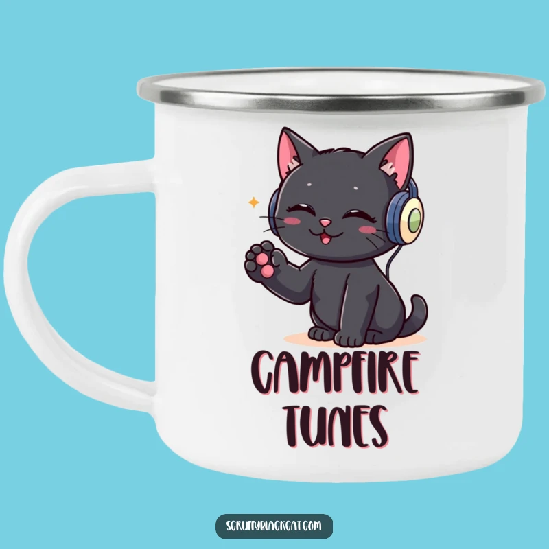 Funny DJ Cat Camping Mug: Black Cat Headphones, Outdoor Music Gift