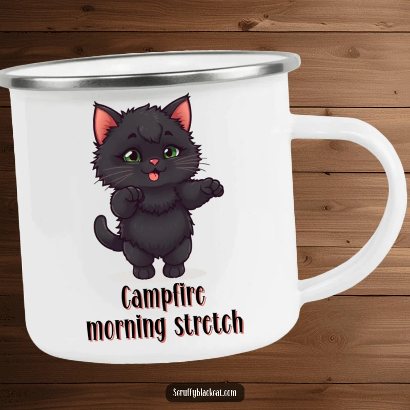 Funny fluffy black kitten doing an exaggerated, playful stretch on a durable camping mug.