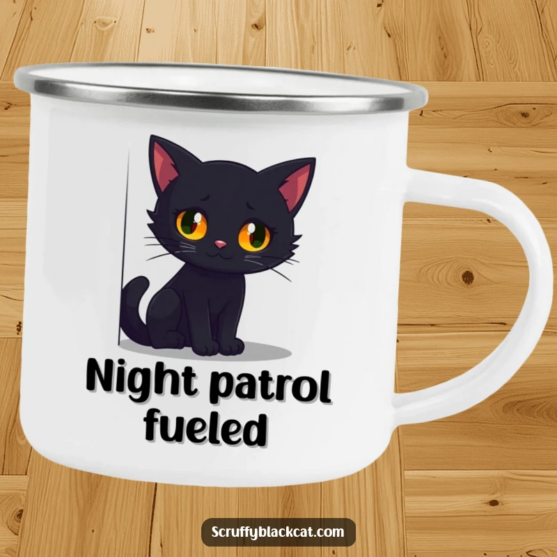 Funny camping mug with a black cat's glowing eyes peering from a shadowy corner, perfect for spooky outdoor moments.