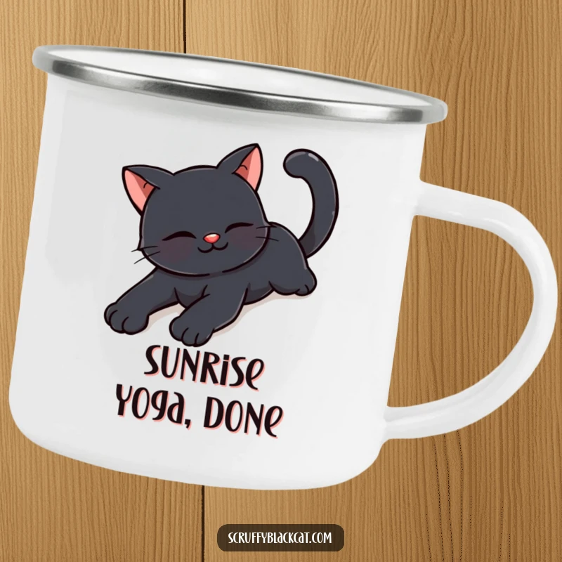 Funny happy black cat camping mug showing a cat stretching with a contented smile, perfect for outdoor relaxation.