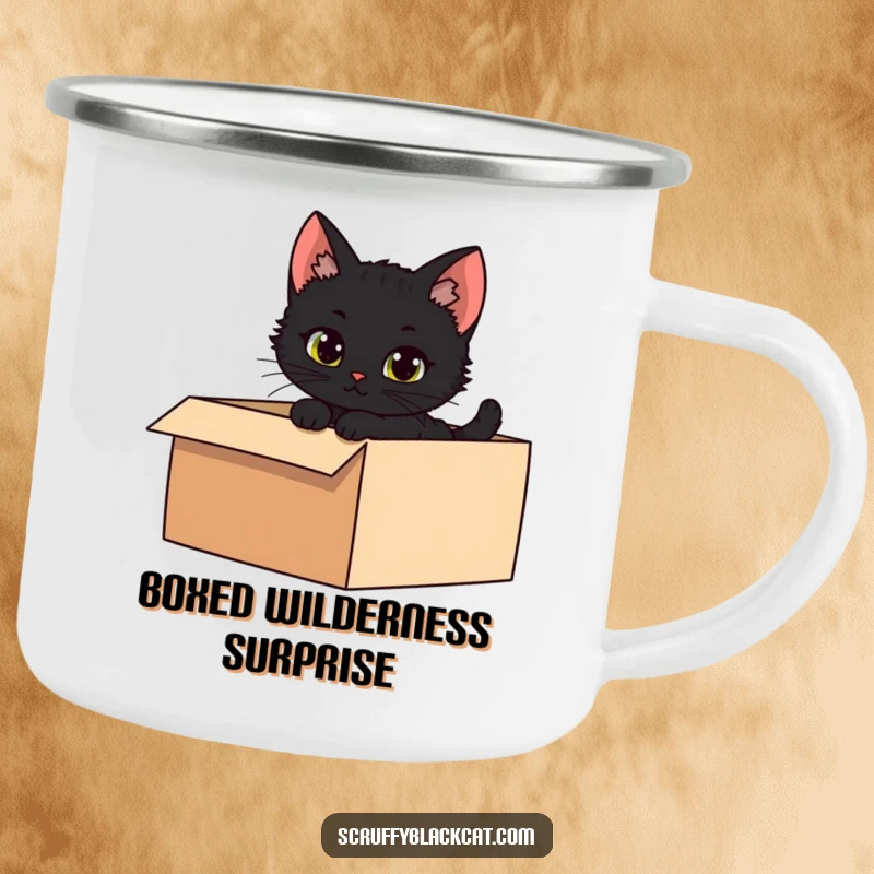 Funny enamel camping mug with a mischievous black kitten peeking from a shadowy box, perfect for outdoor intrigue.