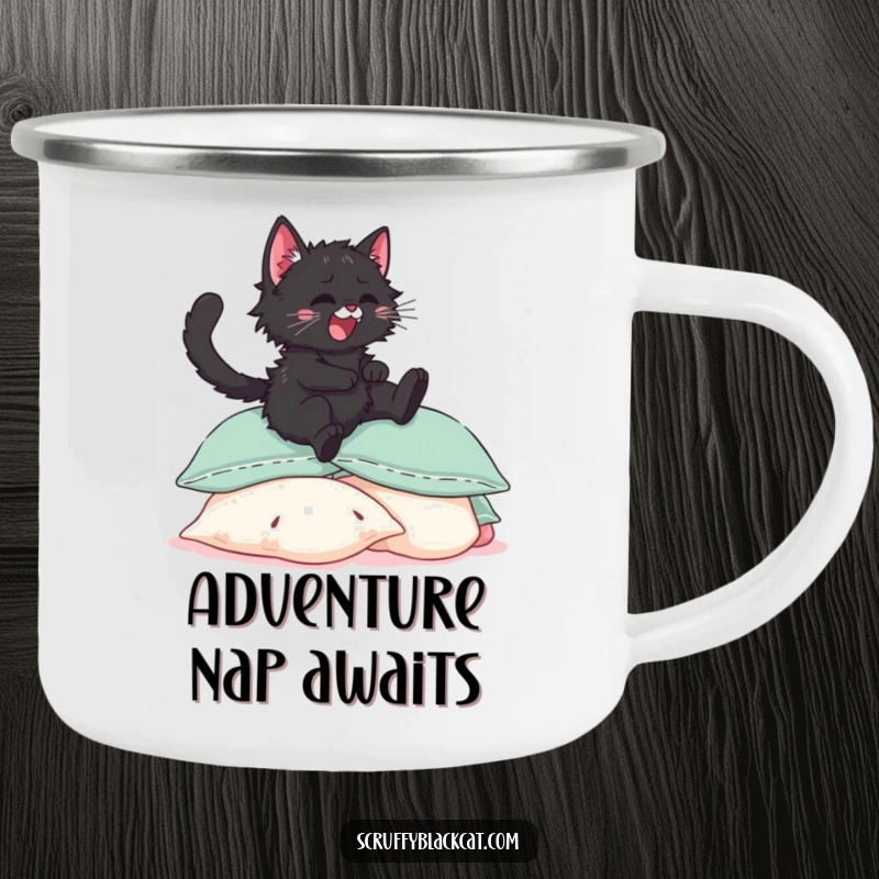 Funny black kitten camping mug, illustrated joyfully leaping onto a pile of soft pillows during an outdoor adventure.