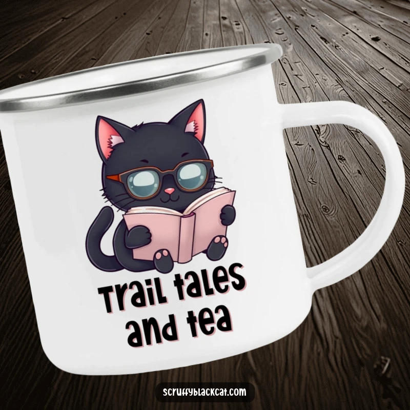 Funny Scholar Cat Camping Mug: A black cat in spectacles reading, a fun and funny outdoor gift.
