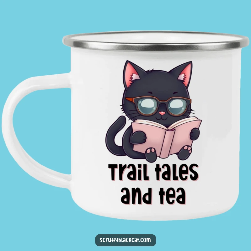 Funny Scholar Cat Camping Mug: Literary Adventures, a Hilarious Gift!