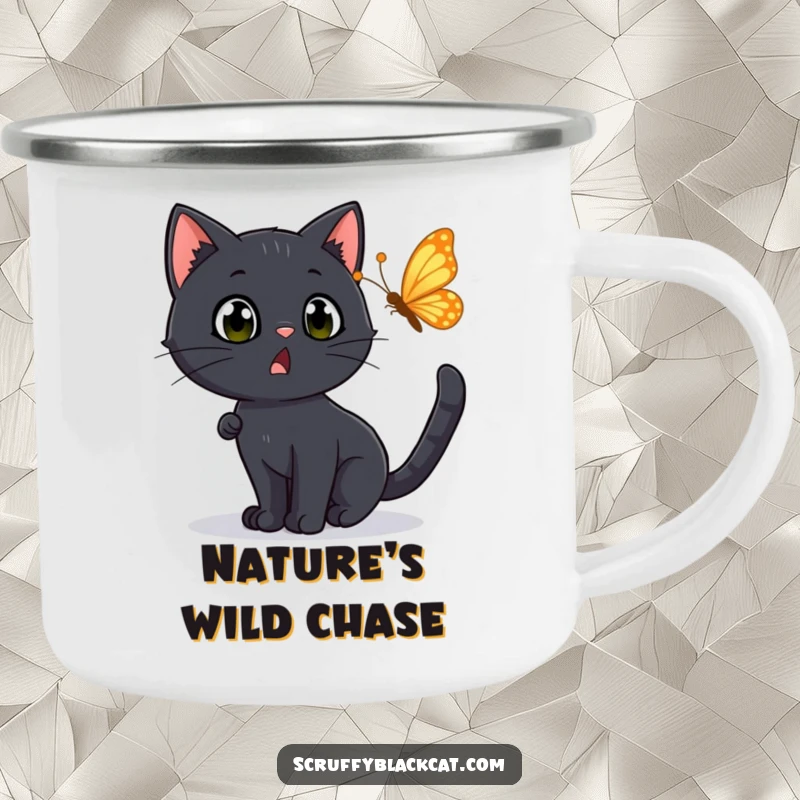 Funny Camping Mug: A black cat with a surprised expression chasing a fluttering butterfly, perfect for outdoor enjoyment.