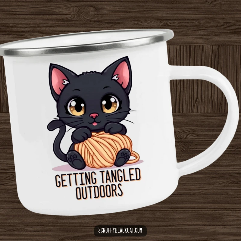 Funny Camping Mug: A black cat with wide, curious eyes tangled in a ball of yarn, ready for outdoor fun.