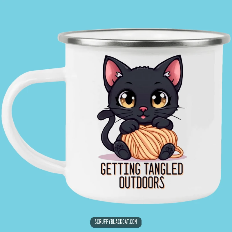 Funny Tangled Cat Camping Mug: Curious Black Cat in Yarn, Outdoor Funny Gift