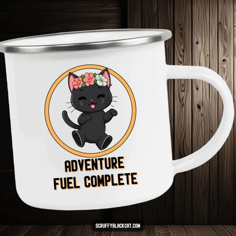 Funny black cat in a flower crown leaping through a hoop, printed on a sturdy camping mug, celebrating outdoor fun and feline antics.