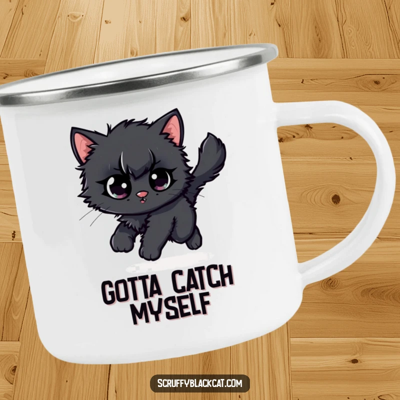 Funny black kitten camping mug, illustrated comically chasing its own fluffy tail with wide, energetic eyes.