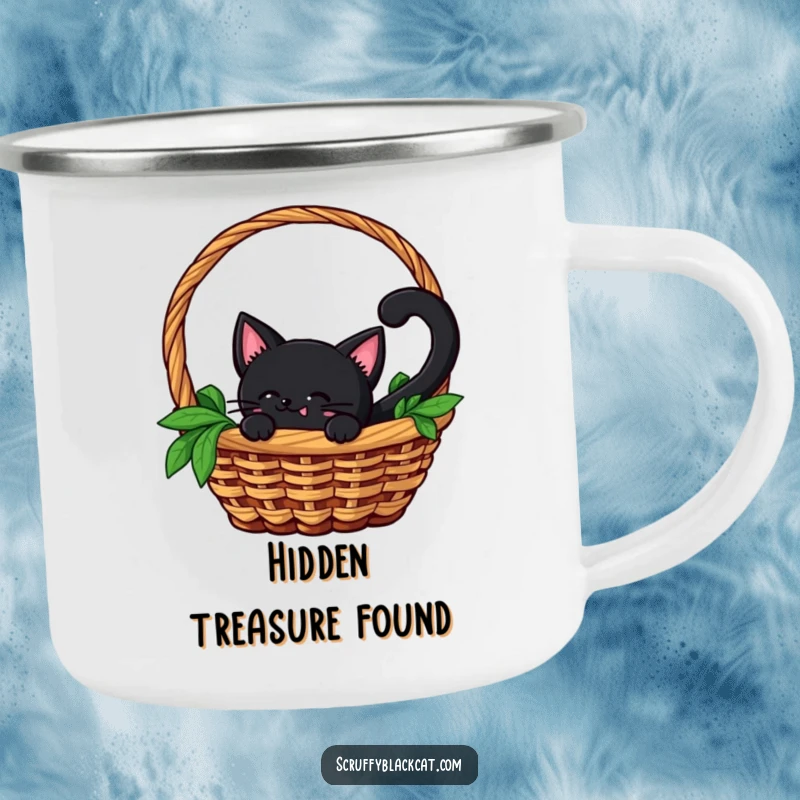 Funny camping mug featuring a black cat with a wagging tail peeking out from a basket, adding a touch of playful mystery outdoors.