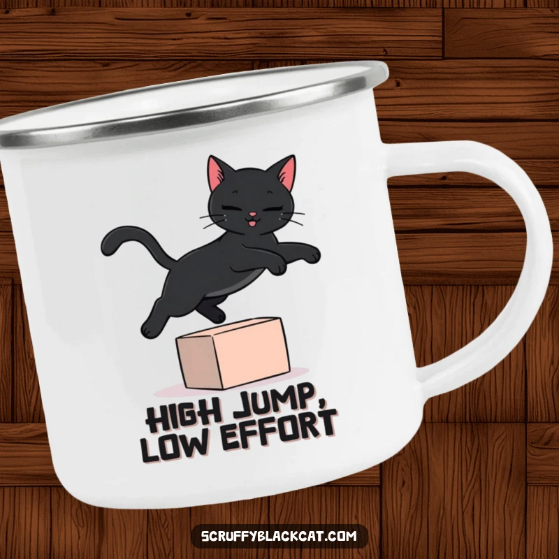 Funny black cat camping mug showing a black cat mid-leap, ready for adventure, perfect for sipping hot beverages by the campfire.