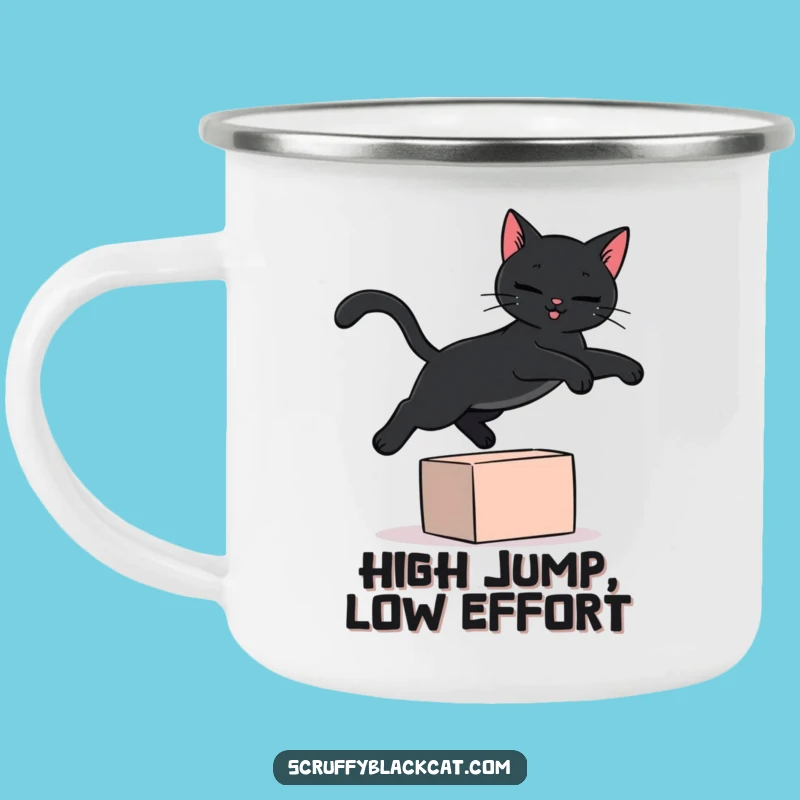 Funny Black Cat Camping Mug: Adventure-Ready with a Leaping Feline, Outdoor Gift