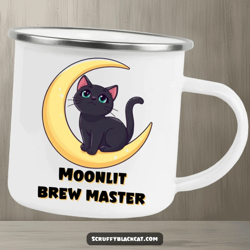 Funny bold black cat camping mug with a regal feline on a crescent moon, looking upwards, perfect for outdoor adventures.