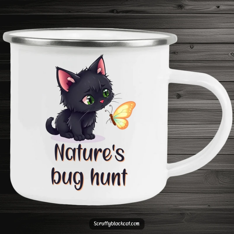 Funny camping mug with a scruffy black cat stealthily stalking a shimmering butterfly, ideal for outdoor adventures.