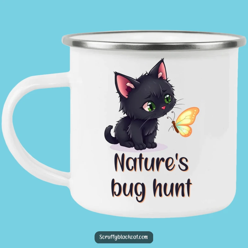 Funny Black Cat Stalking Butterfly Camping Mug - Adventurous Humorous Outdoor Gear