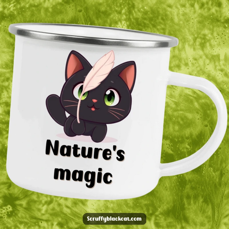 Funny cat camping mug with a black cat showing wide, amazed eyes watching a floating feather, for outdoor explorers.