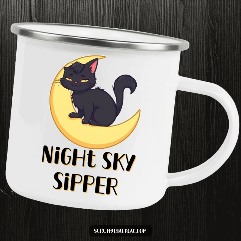 Funny camping mug featuring a scruffy black cat sitting on a crescent moon, smiling peacefully under the night sky.