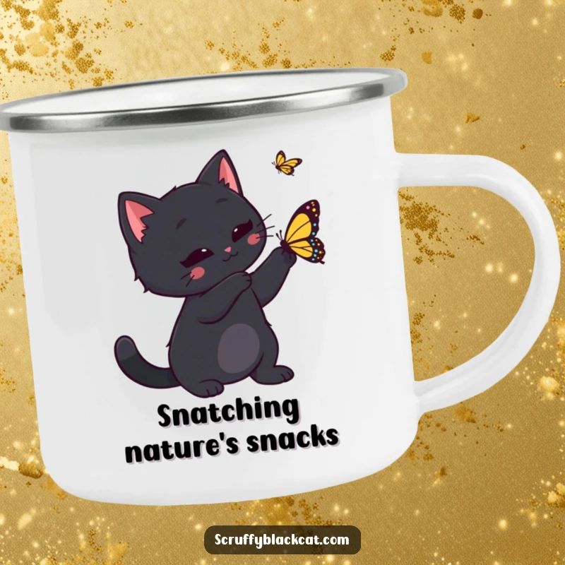Funny black cat playfully swatting a butterfly, printed on a rugged camping mug, ideal for outdoor enthusiasts who appreciate feline charm.