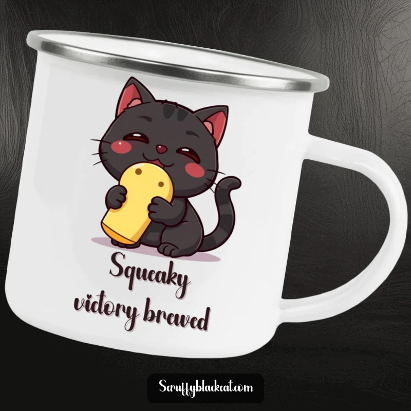 Funny Black Cat Camping Mug: A triumphant black cat holds a squeaky toy, ideal for outdoor enthusiasts who love humor.