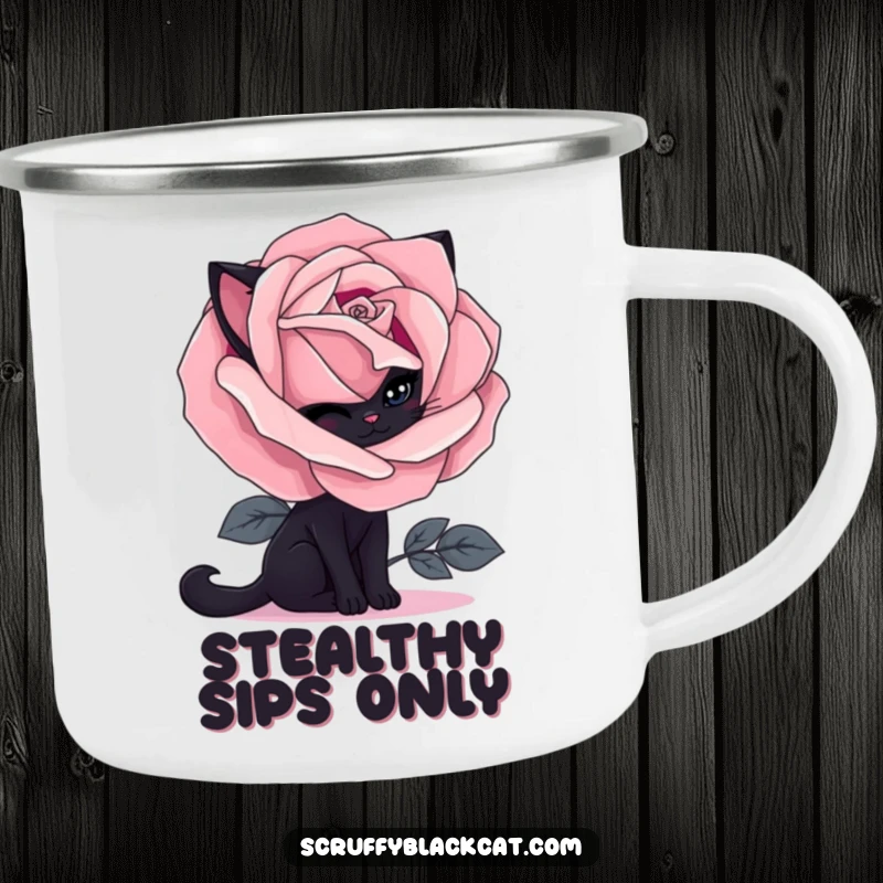 Funny black cat camping mug with a shy cat peeking from behind a gothic rose, great for outdoor adventures.