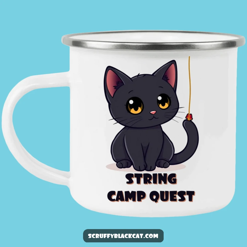Funny Black Cat String Enamel Camping Mug: Feline Fun Outdoors!