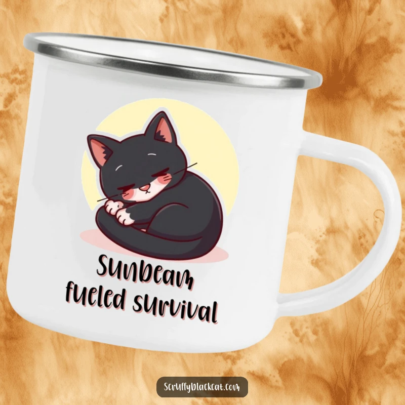 Funny black cat camping mug depicting a cat curled up purring contentedly in a sunbeam, ideal for outdoor relaxation.