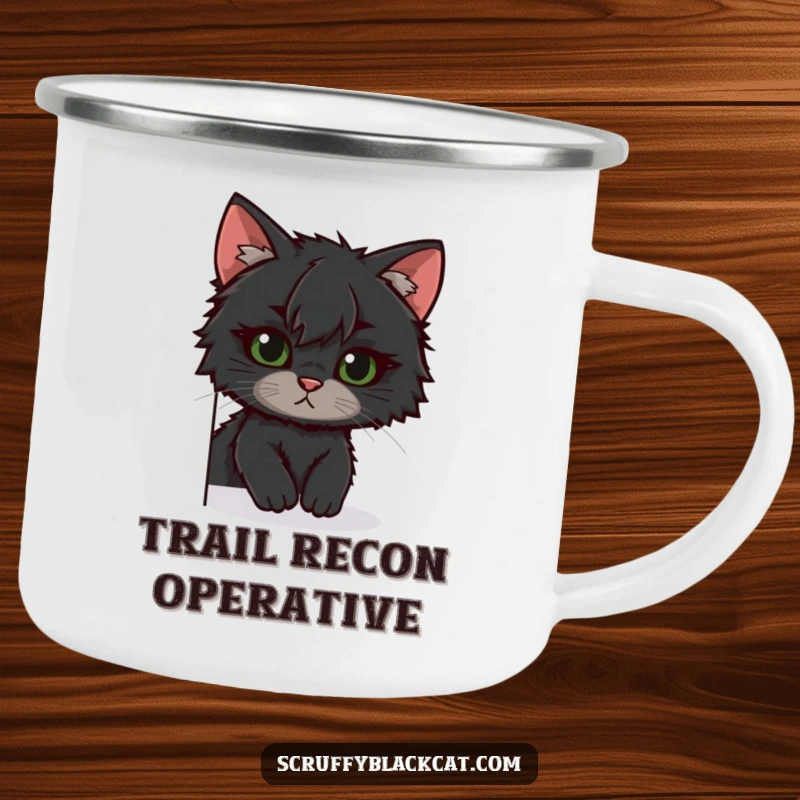 Funny scruffy black cat camping mug, peeking curiously, ready for adventure, a durable and humorous gift for outdoor enthusiasts.