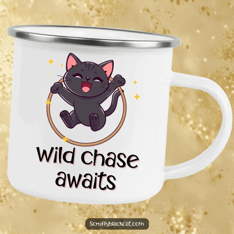 Funny Black Cat Camping Mug: Durable enamel cup with a mischievous cat mid-hoop jump, capturing a triumphant meow.