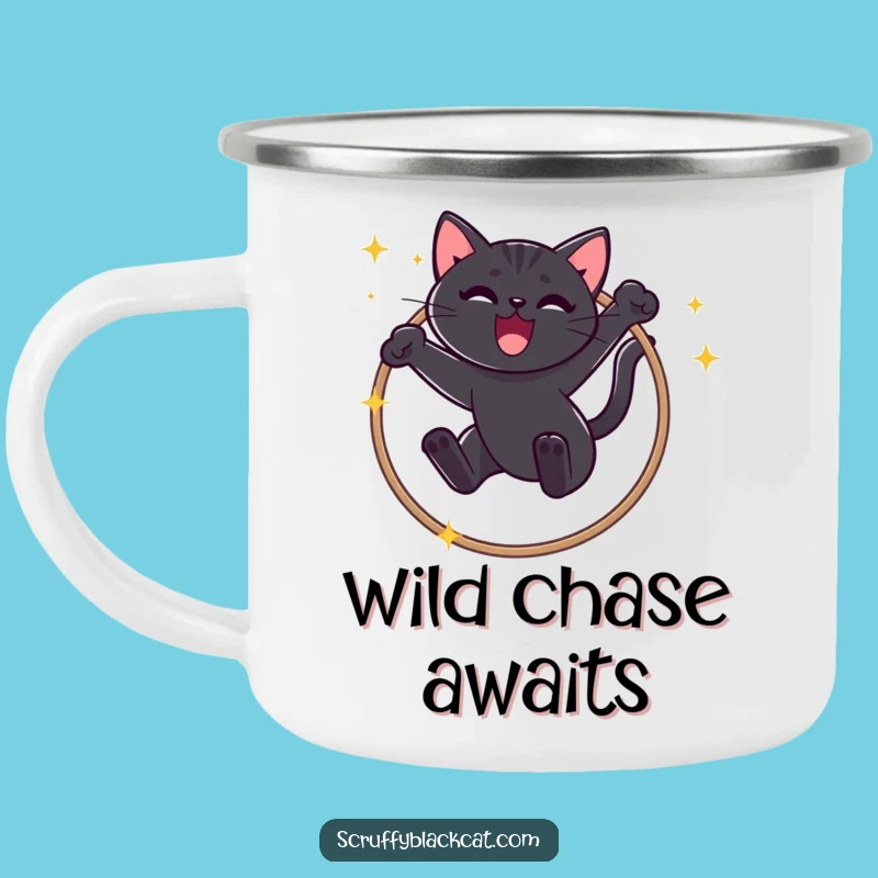 Funny Black Cat Hoop Jump Camping Mug: Triumphant Meow Adventure Cup