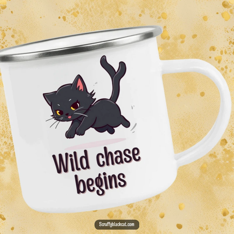 Funny Cat Camping Mug with a black cat chasing its tail in a dizzying spiral, durable and fun, a great funny gift.