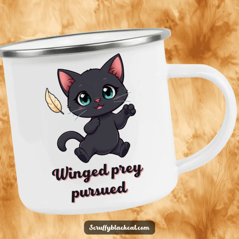 Funny camping mug featuring a big-eyed black cat leaping for a feather, perfect for outdoor enjoyment and humorous sipping.