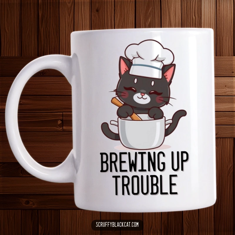 Funny mug showing a mischievous black cat in a chef hat stirring a pot, implying culinary chaos and fun.