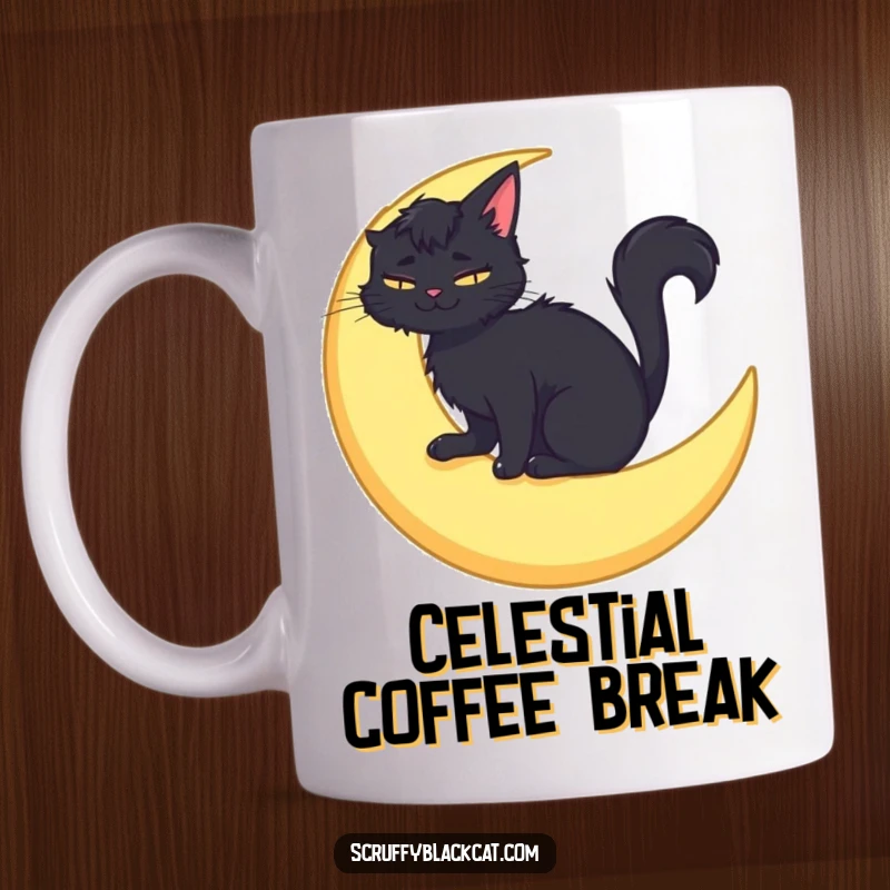 Funny mug featuring a scruffy black cat sitting comfortably on a crescent moon, wearing a gentle, happy smile.