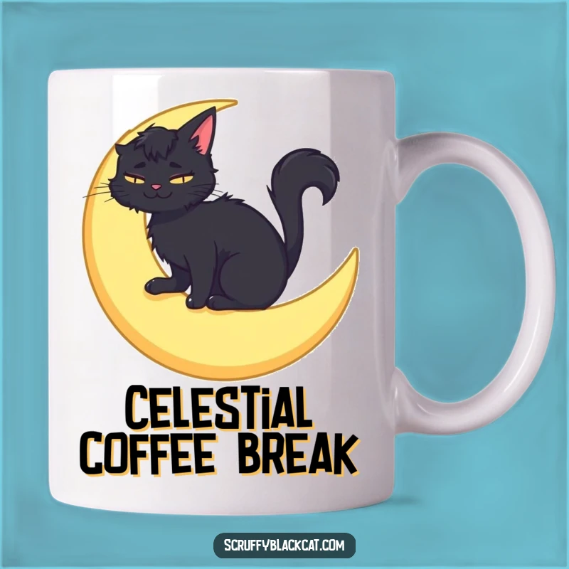 Funny Moon Cat Mug: Smiling Scruffy Cat on Crescent, Whimsical Gift