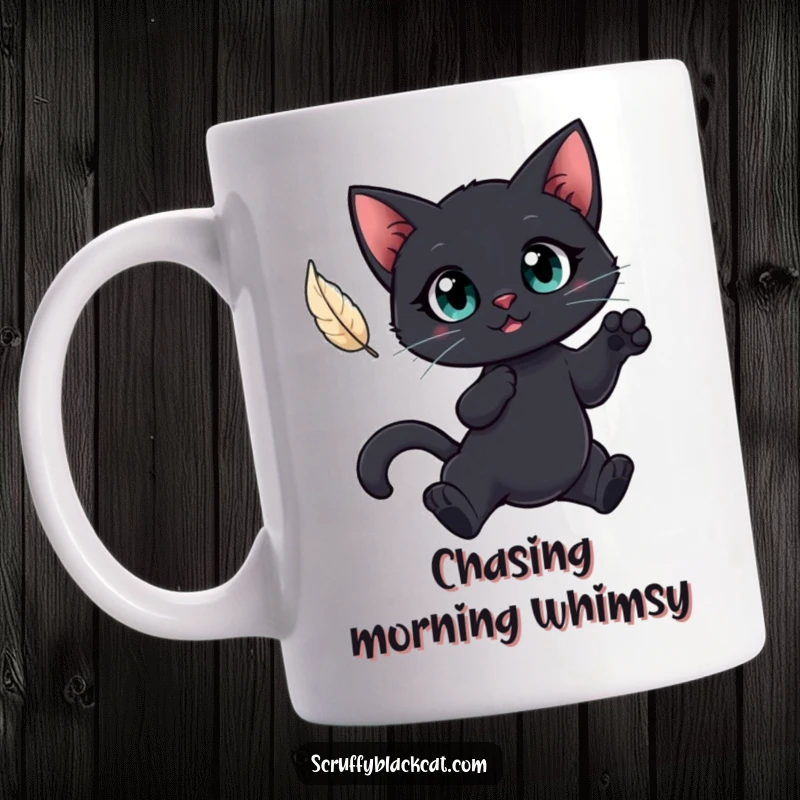 Funny mug showing a black cat with huge eyes leaping enthusiastically towards a floating feather, capturing exciting play.