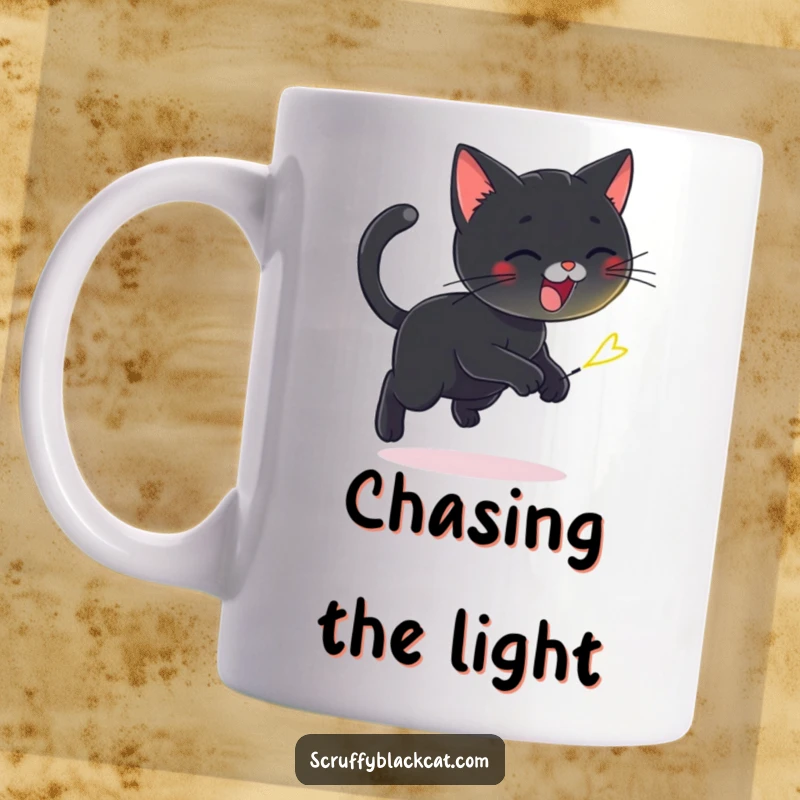Funny mug showing a playful black cat joyfully chasing a tiny, flickering firefly, capturing a moment of pure fun.