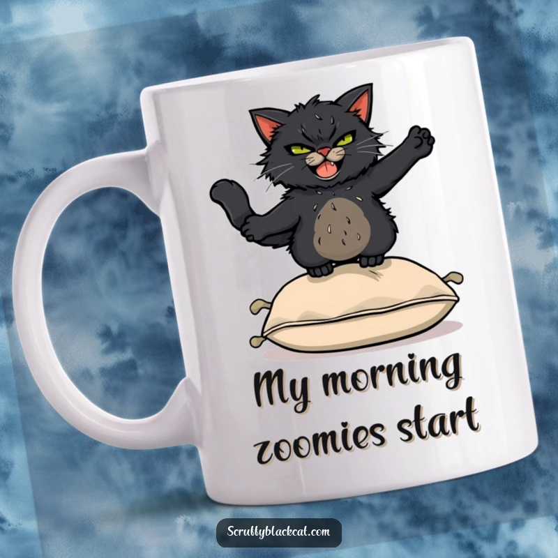 Funny Mug: Scruffy black cat with a mischievous grin leaping acrobatically over a cushion, expressing playful chaos.