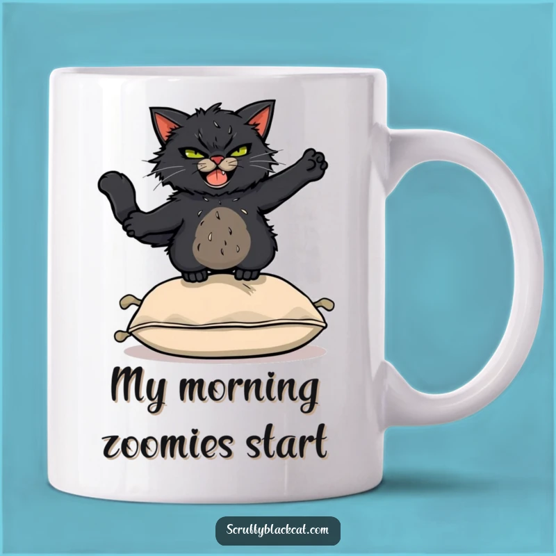 Funny Acrobat Cat Mug: Scruffy Black Cat Leaping Over Cushion, Perfect Funny Gift