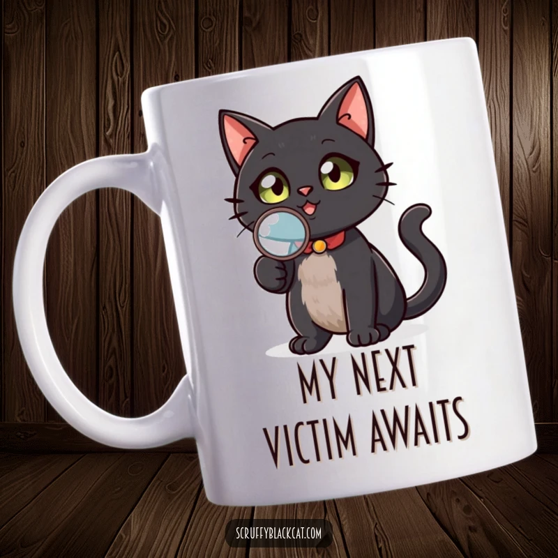 Funny black cat detective mug, intently examining something with a magnifying glass, conveying curiosity and intelligence, a perfect gift for cat lovers.