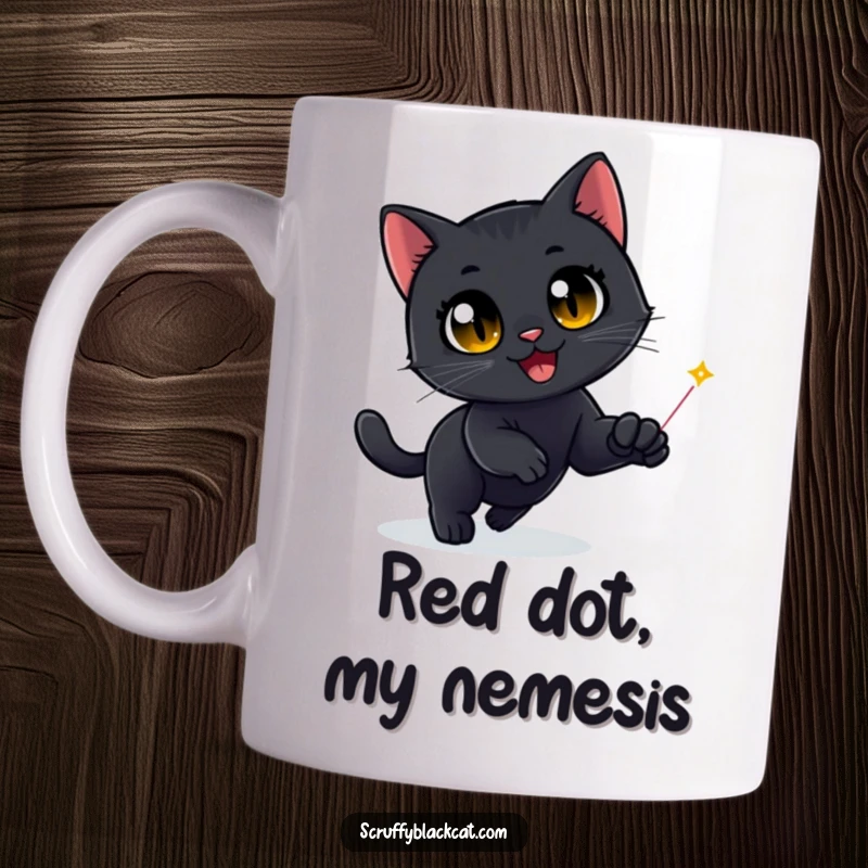 Funny Black Cat Mug: A wide-eyed black cat gleefully leaps after a red laser dot, showcasing pure, unadulterated feline hunting joy.