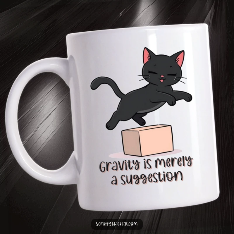Funny black cat mug showing a sleek feline mid-air, elegantly jumping over a tiny, vibrant block with a playful expression.