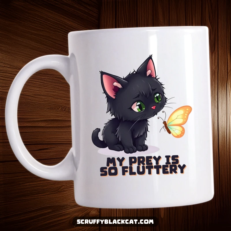 Funny black cat mug with a scruffy feline curiously stalking a colorful shimmering butterfly, perfect for cat lovers.