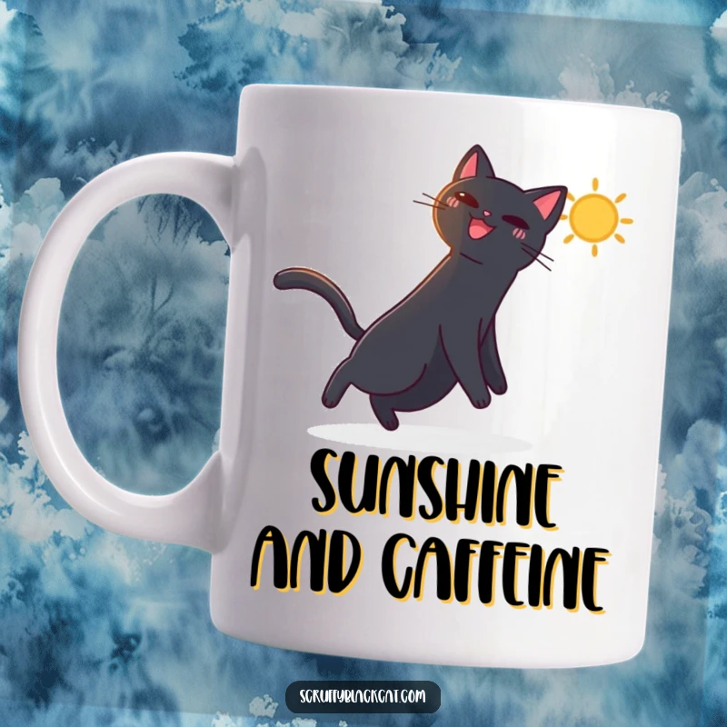 Funny black cat mug capturing a cat joyfully leaping and playing with a bright, dancing sunbeam, perfect for cat lovers.