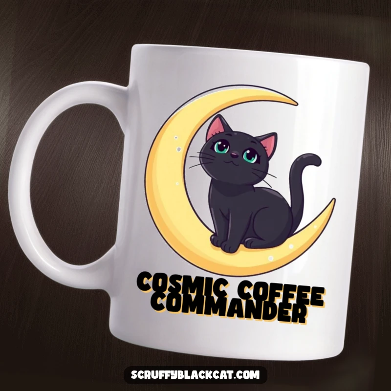Funny bold black cat mug with a regal feline sitting on a crescent moon, gazing upwards at the stars.