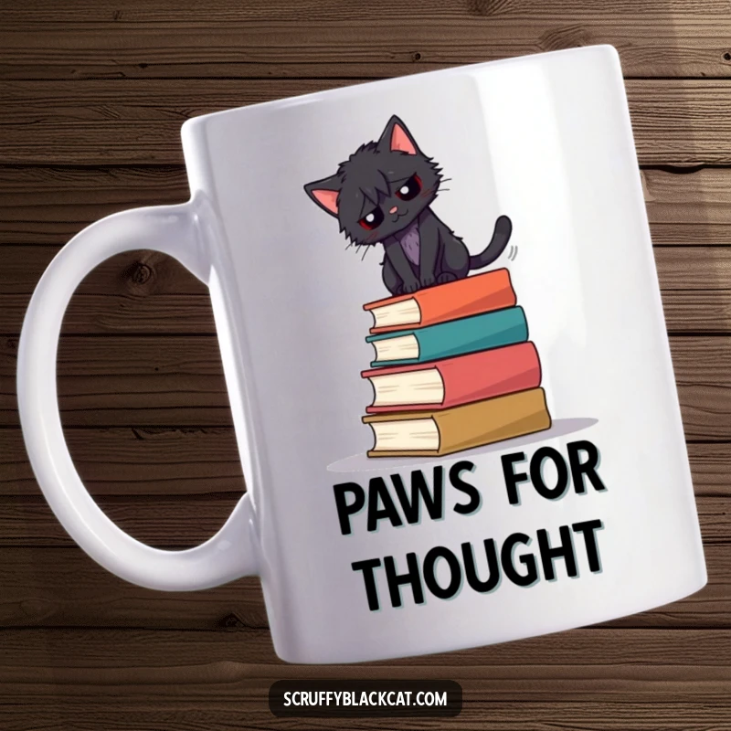 Funny mug: A scruffy black cat precariously balances atop a wobbly stack of vintage books.