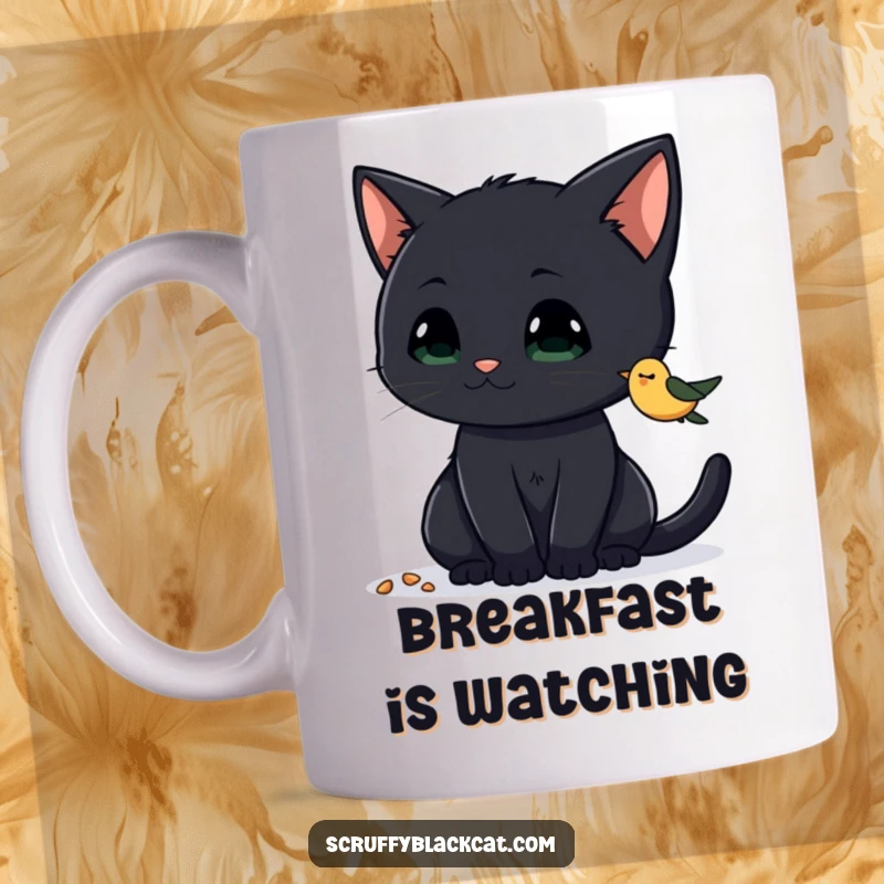 Funny Cat Mug showing a curious black cat with perked ears, intently eyeing birdseed, capturing playful hunting instinct, a great gift.