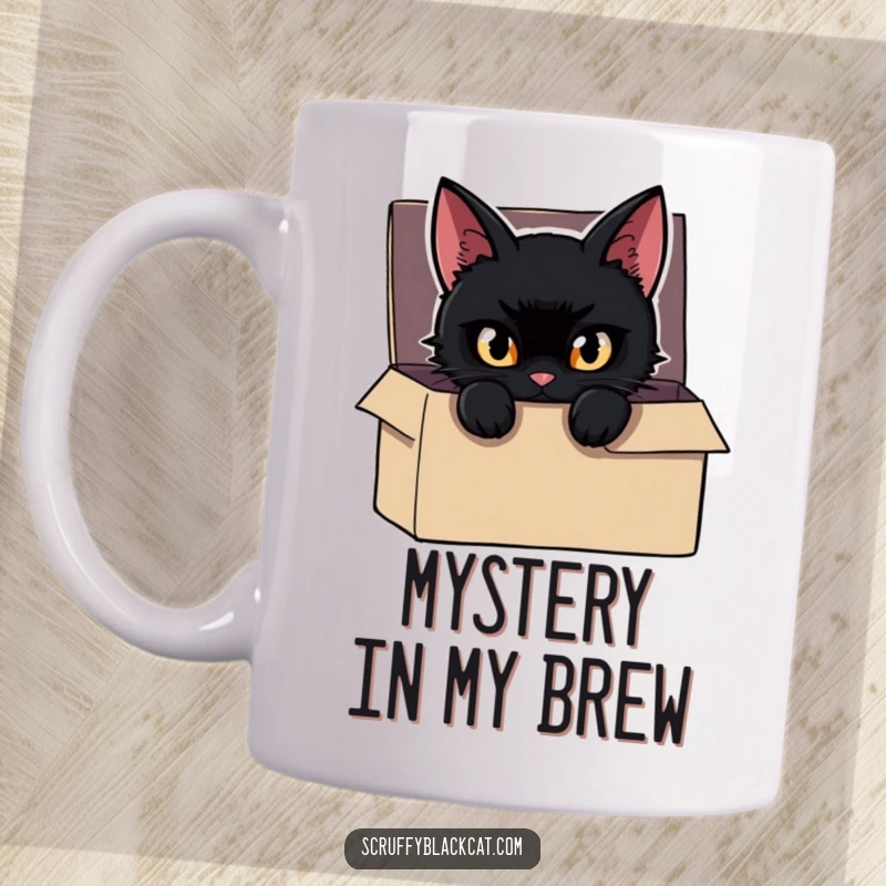 Funny Cat Mug featuring a mischievous black cat peeking from a shadowy box, eyes gleaming with playful curiosity.