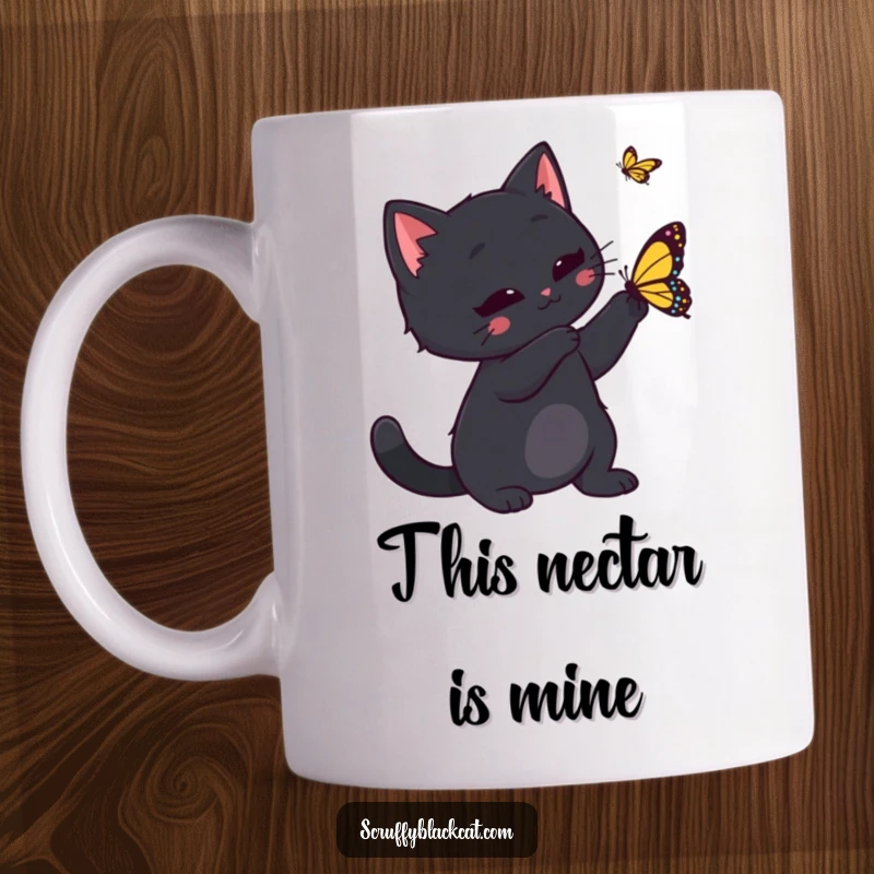 Funny black cat playfully swatting its paw at a delicate butterfly, depicted in a charming mug design for cat enthusiasts.